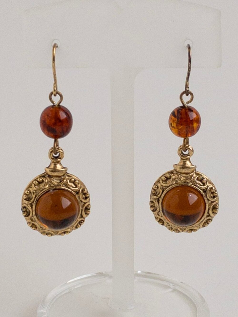 Vintage Gold Tone Amber Acrylic Cabochon Drop Dangle Earrings Ornate
